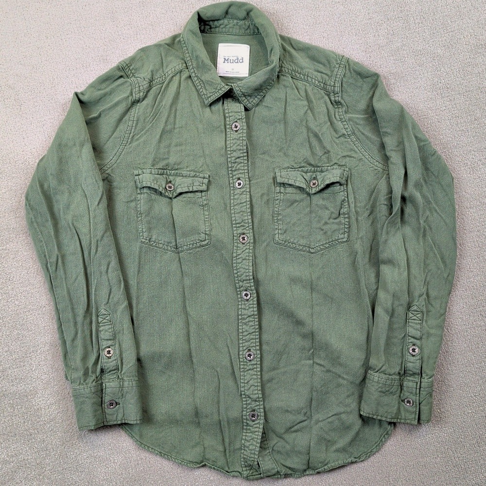Mudd Shirt Womens Medium Green Button Up Long Sleeve Rayon Utility Pocket Blouse
